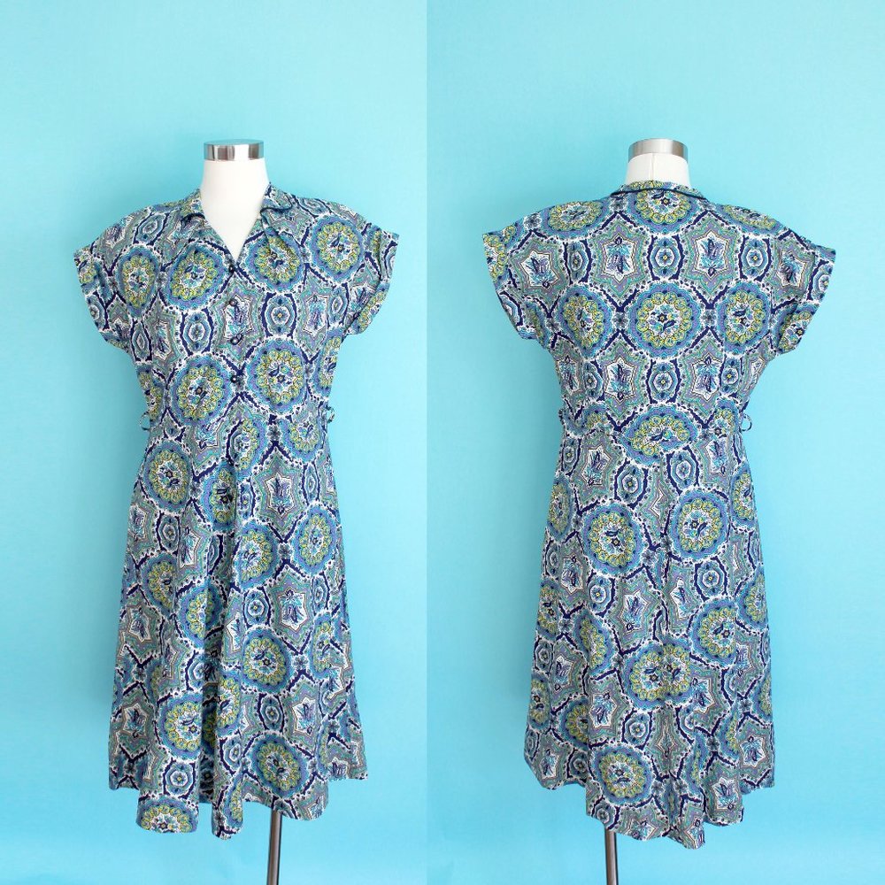 1950s Navy Paisley Print Dress by Lee Wentley By Wentworth | Large